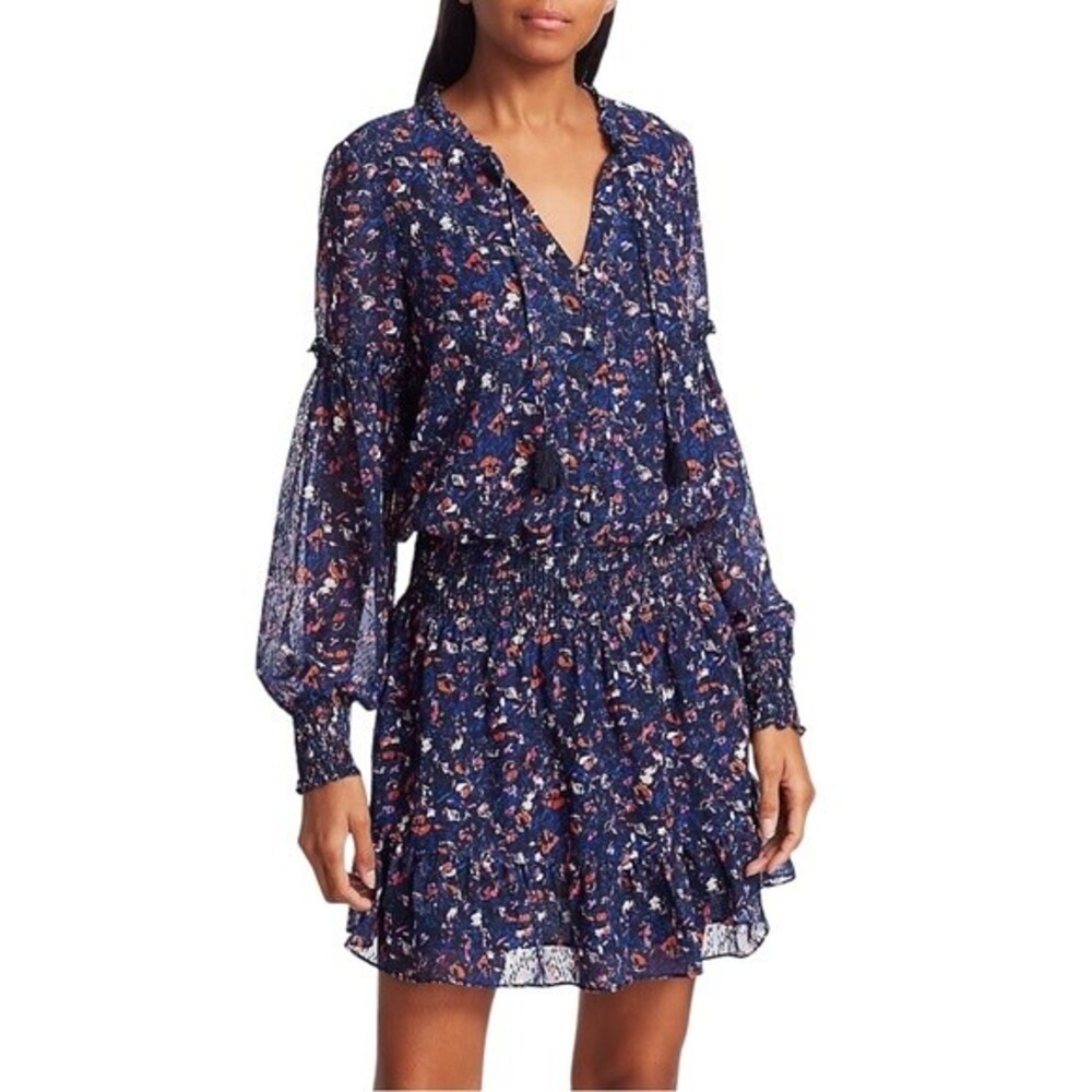 NWT Parker Laura Smocked Printed Mini Dress Blue Mango Print Women’s Size Medium